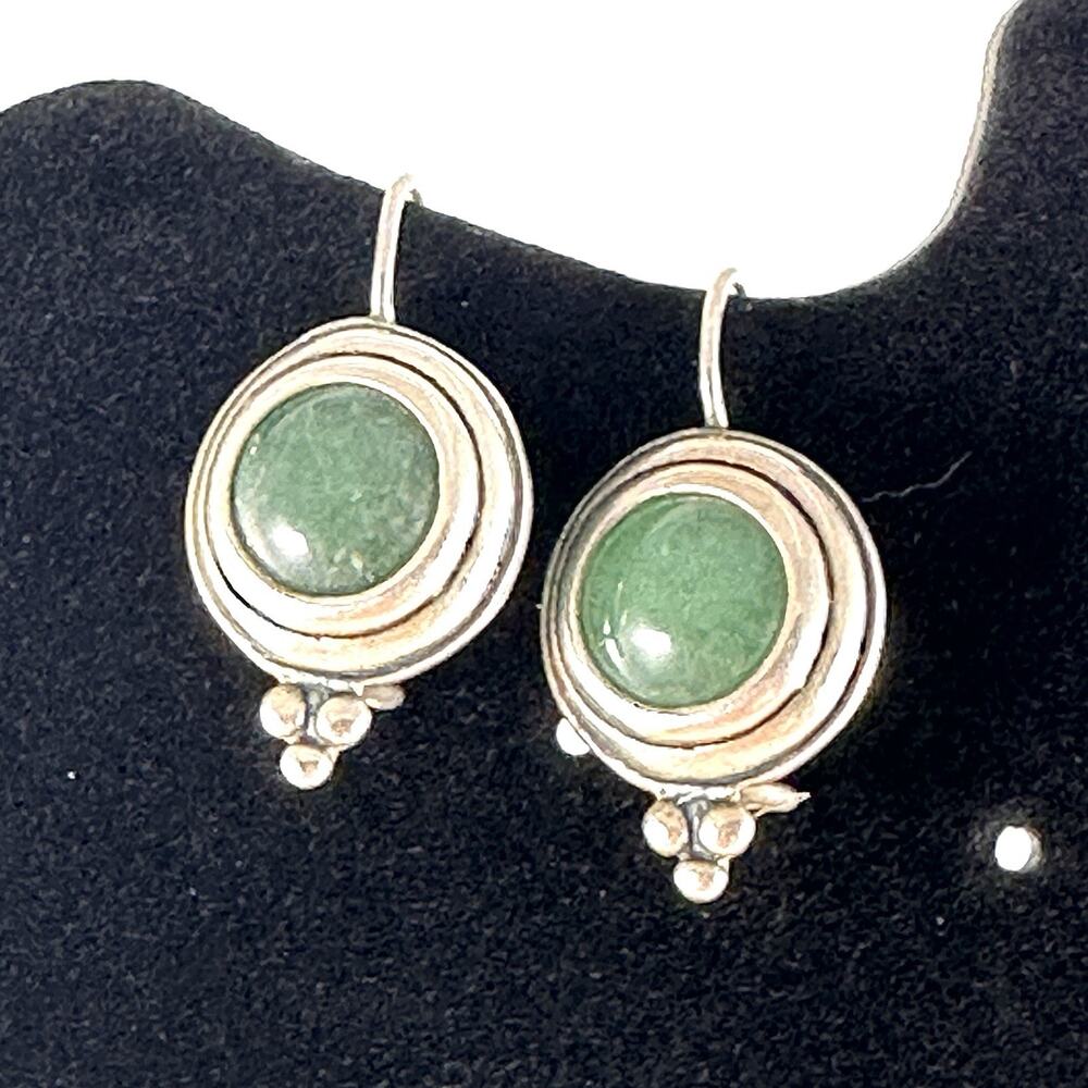 Vintage Designer Green Aventurine 925 Sterling Silver Earrings